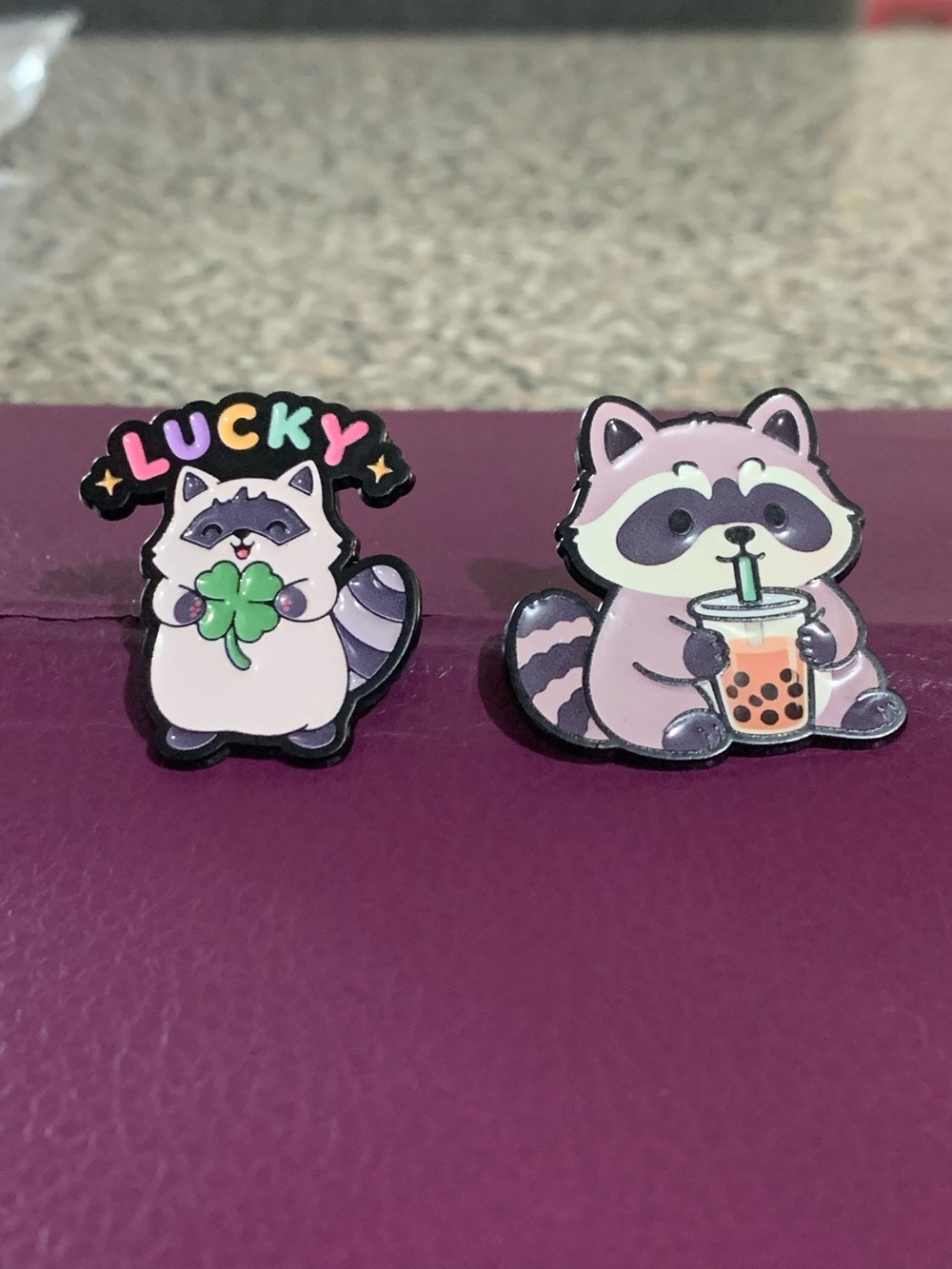Cute Pink Raccoon Enamel Pins Set - Lucky & Boba Bubble Tea